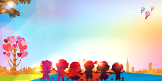 水彩彩色儿童剪影热气球爱心树关爱儿童公益慈善广告海报背景
